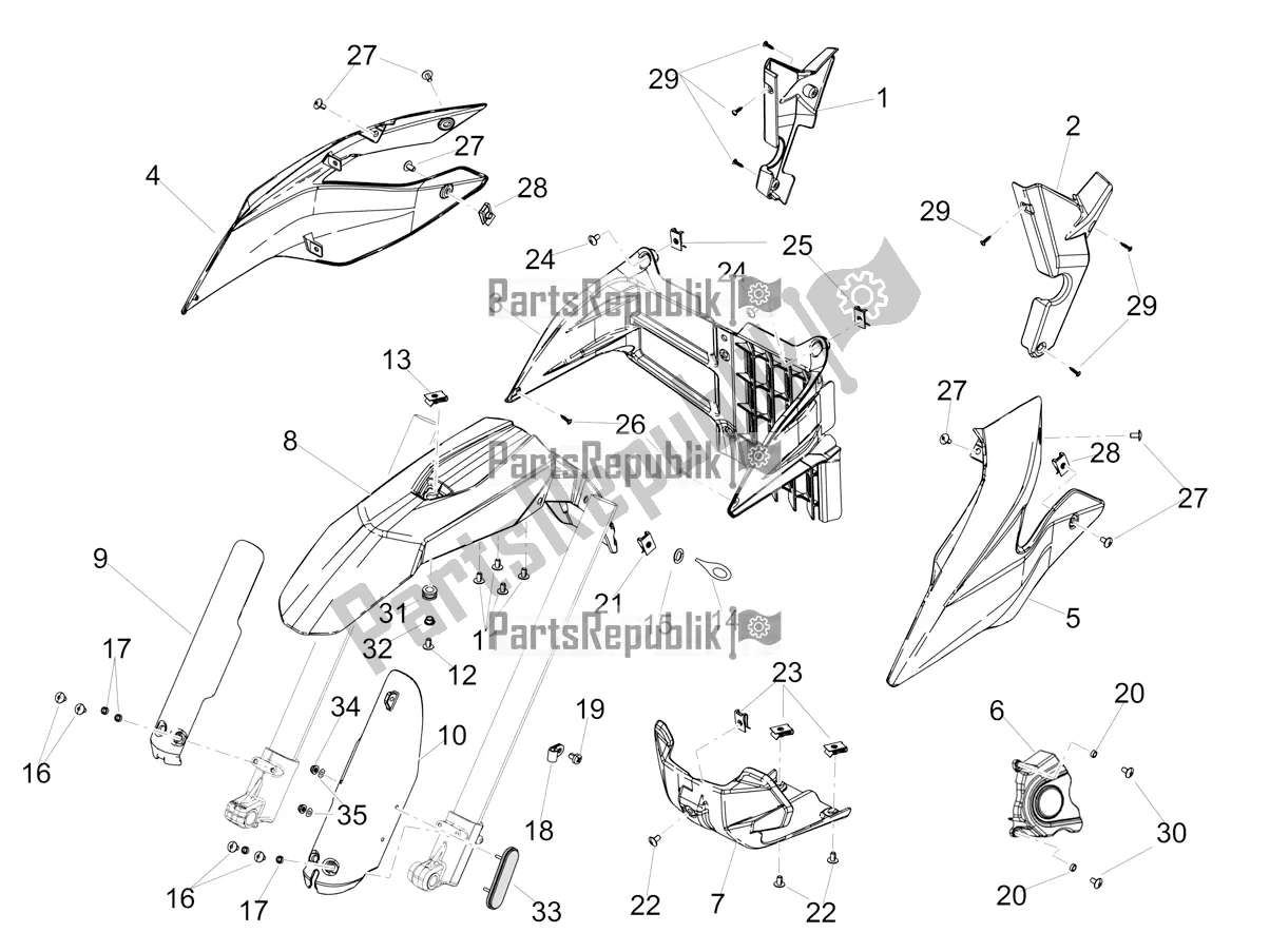 Alle onderdelen voor de Voorkant Lichaam van de Aprilia RX 125 Apac 2022
