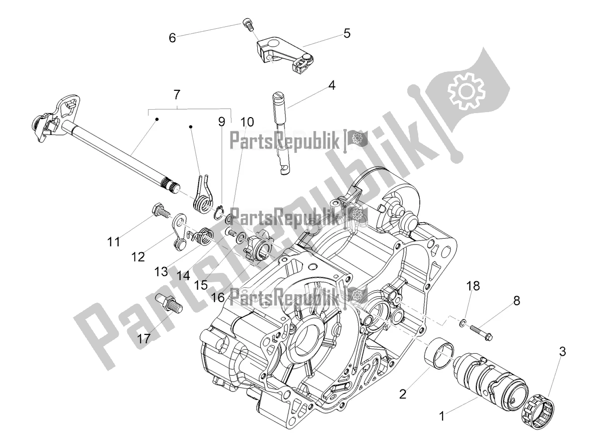 All parts for the Gear Box / Selector / Shift Cam of the Aprilia RX 125 Apac 2022