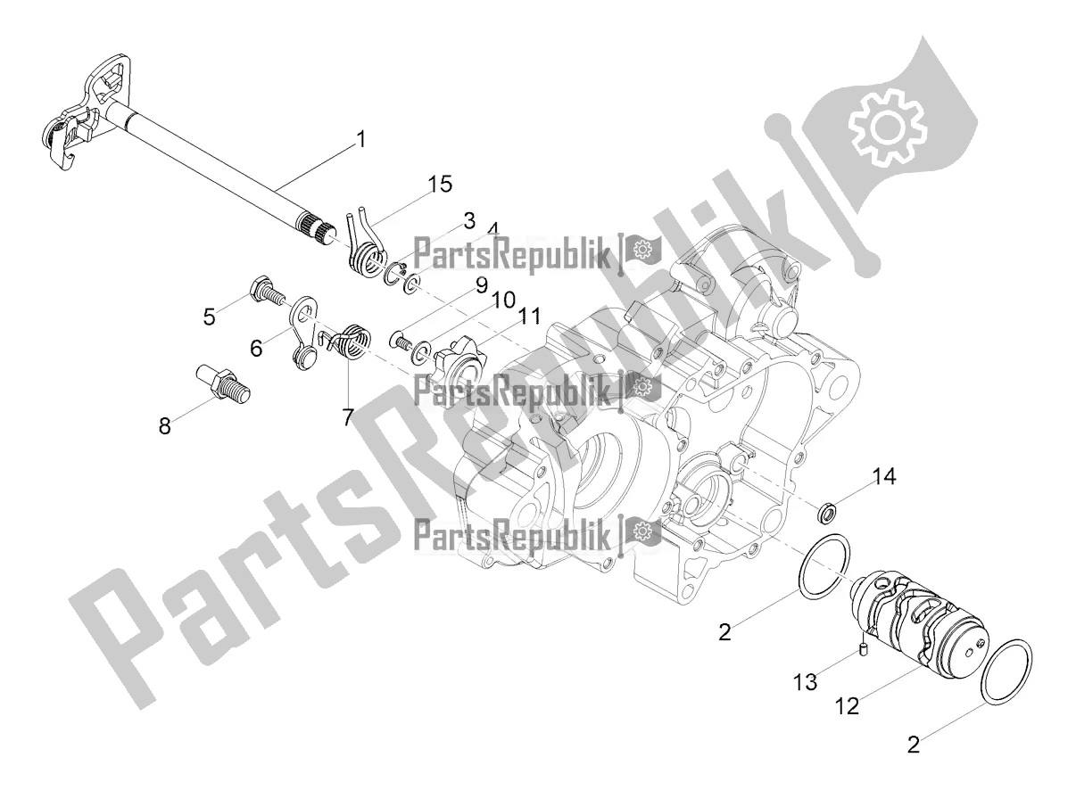 All parts for the Gear Box / Selector / Shift Cam of the Aprilia RX 50 Factory 2020
