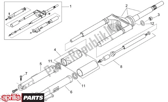 Alle onderdelen voor de Voorwielvork van de Aprilia Scarabeo Motore Minarelli 662 100 2000