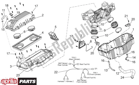 All parts for the Filterhuis of the Aprilia Shiver 32 750 2007 - 2010