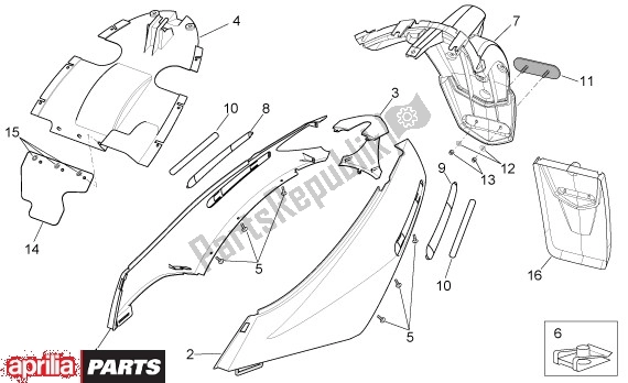 Alle onderdelen voor de Zijbeplating van de Aprilia Sport City 125-200 671 2004 - 2006