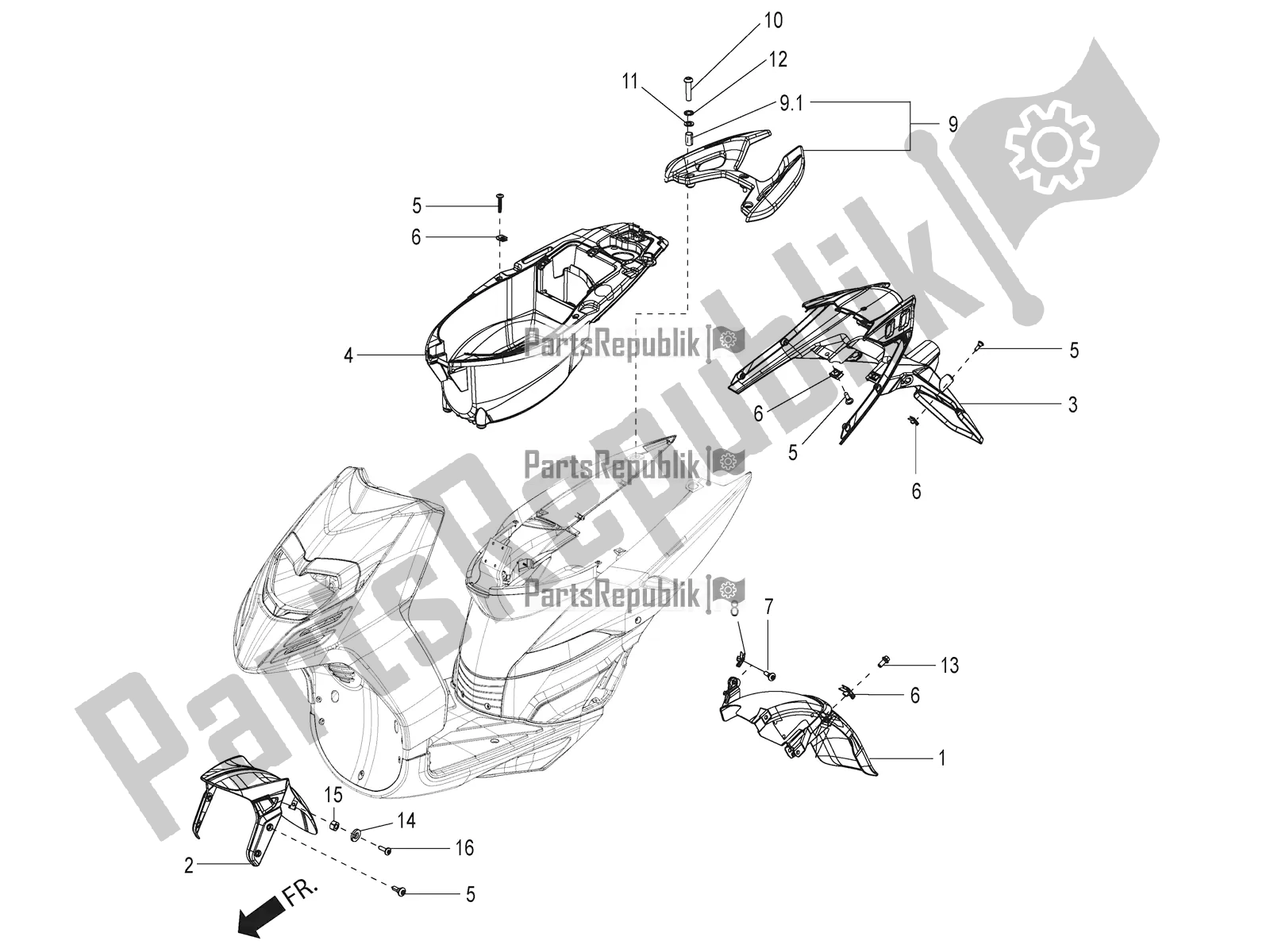 Todas las partes para Mudguard And Helmet Case de Aprilia SR 125 HE Carb 2020
