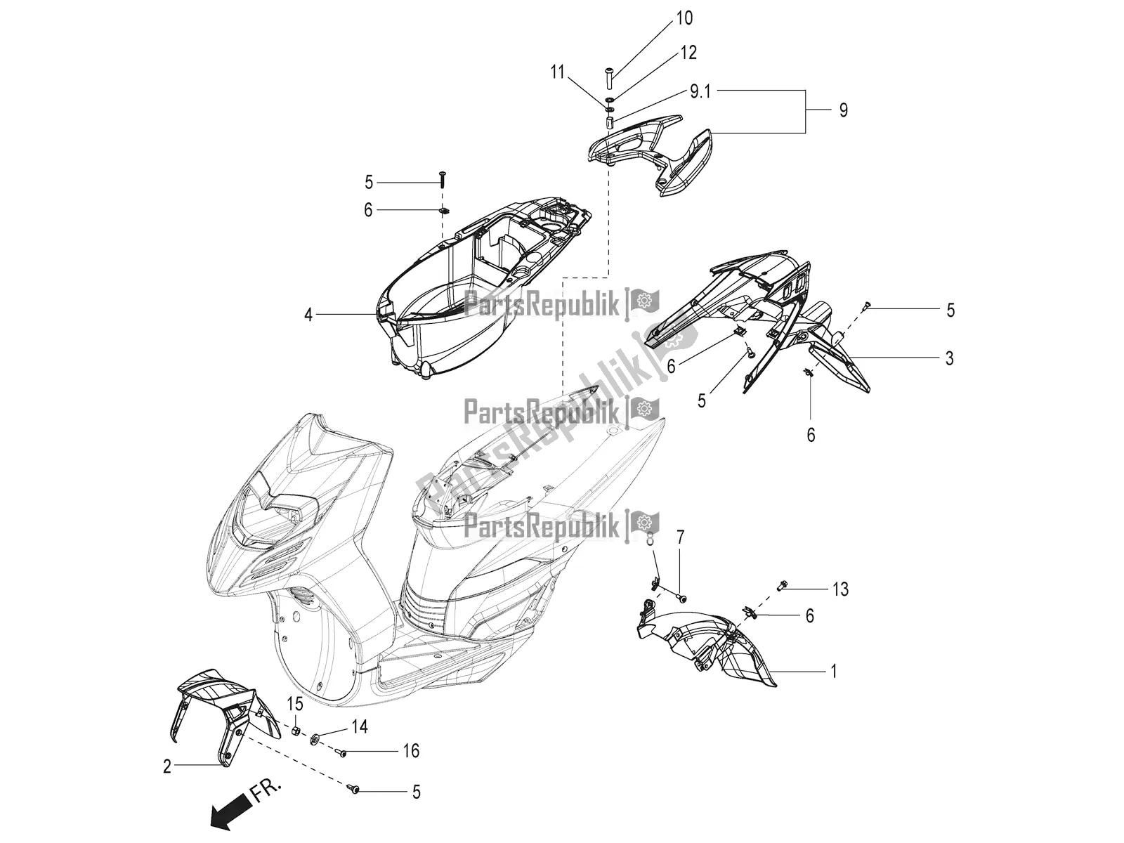 Todas as partes de Mudguard And Helmet Case do Aprilia SR 125 Storm TT Bsiv 2020