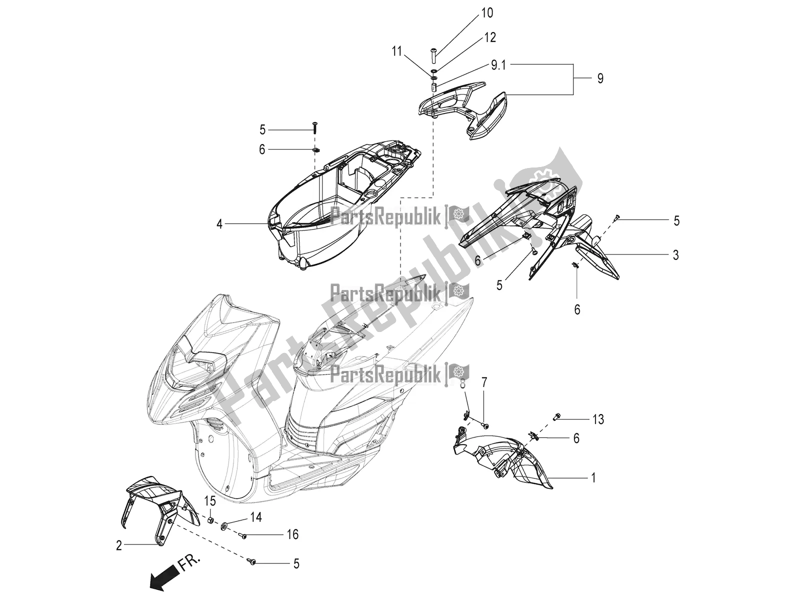Todas as partes de Mudguard And Helmet Case do Aprilia SR 125 Storm TT Bsiv 2022