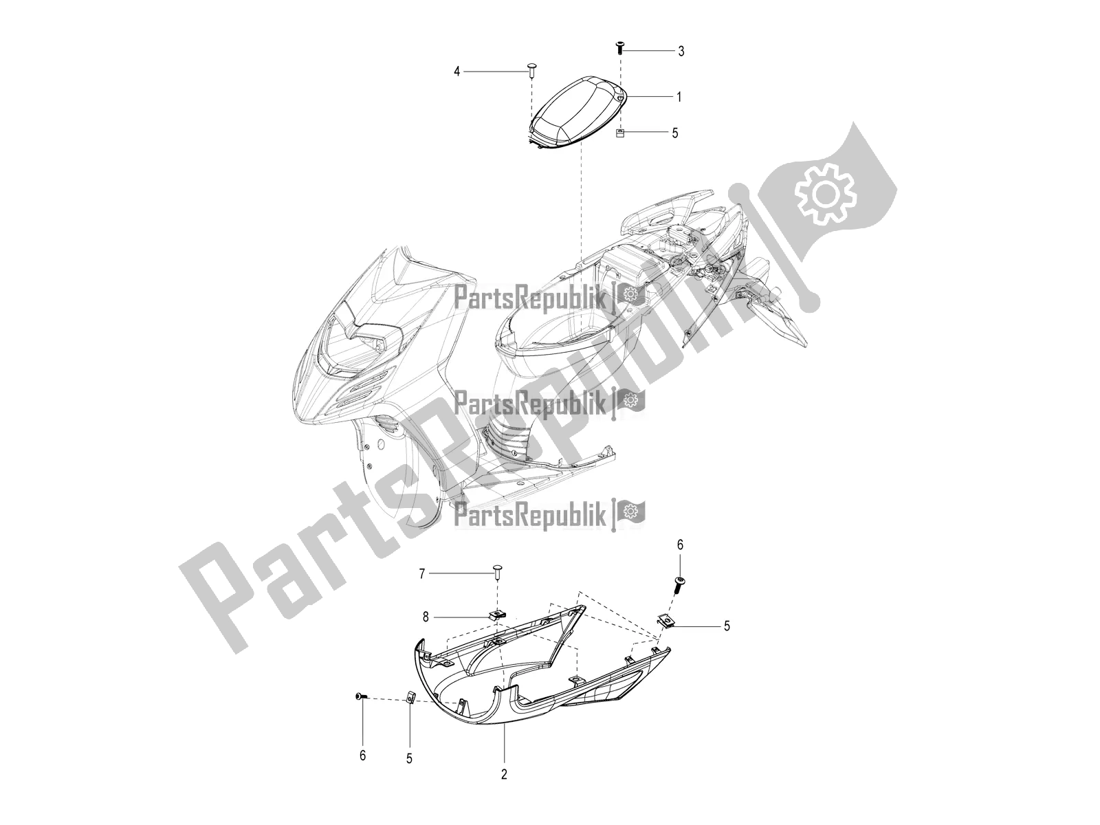 All parts for the Helmet Carrier Cover-spoiler of the Aprilia SR 150 4 T/3V 2019