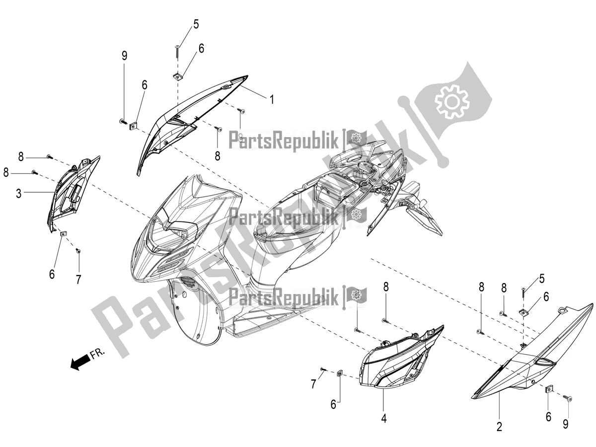 Alle onderdelen voor de Zijbekleding-spoiler van de Aprilia SR 150 4 T/3V 2020