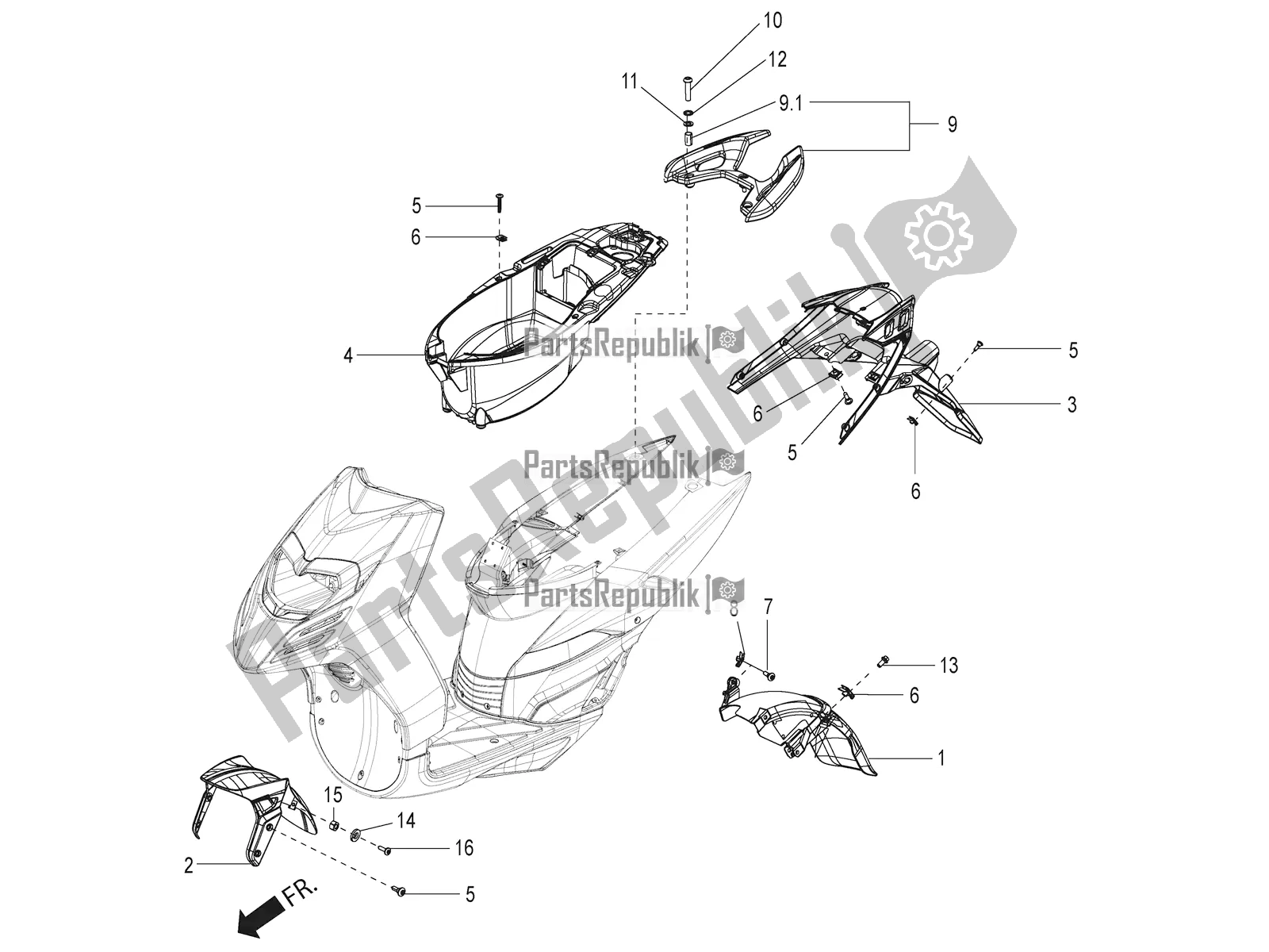 Todas las partes para Mudguard And Helmet Case de Aprilia SR 150 4 T/3V 2021