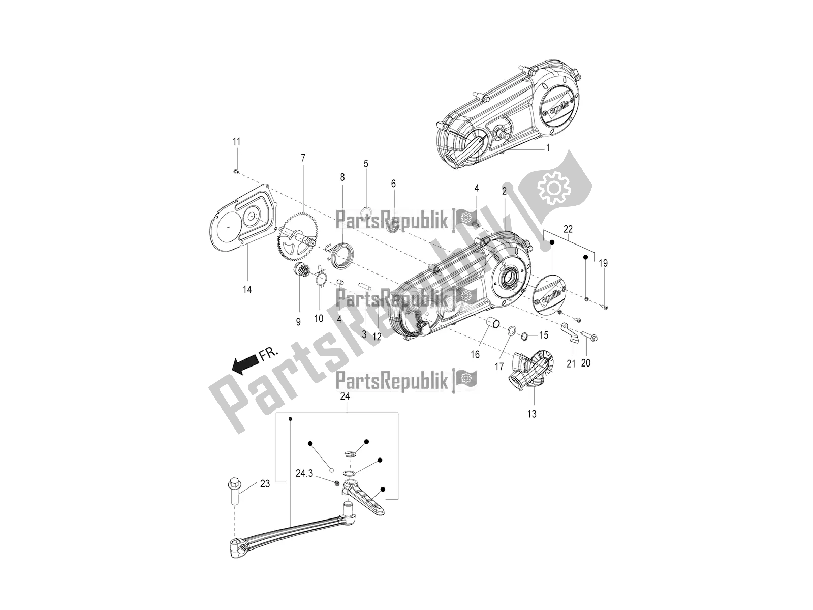 Alle Teile für das Getriebeabdeckung des Aprilia SR 150 HE Carb. 2021