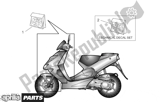 All parts for the Front Body And Technical Decal of the Aprilia SR H2O Ditech Carburatore 553 50 2000 - 2003