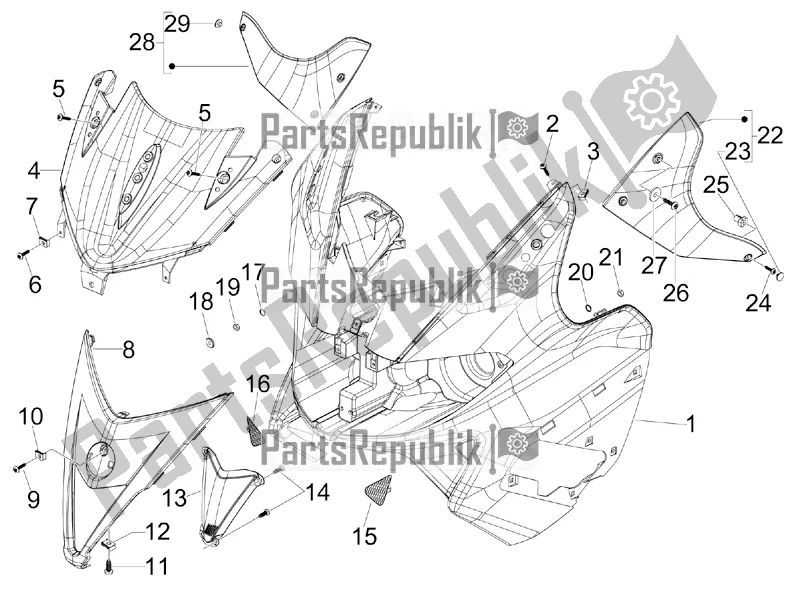 All parts for the Front Shield of the Aprilia SR MAX 125 2016