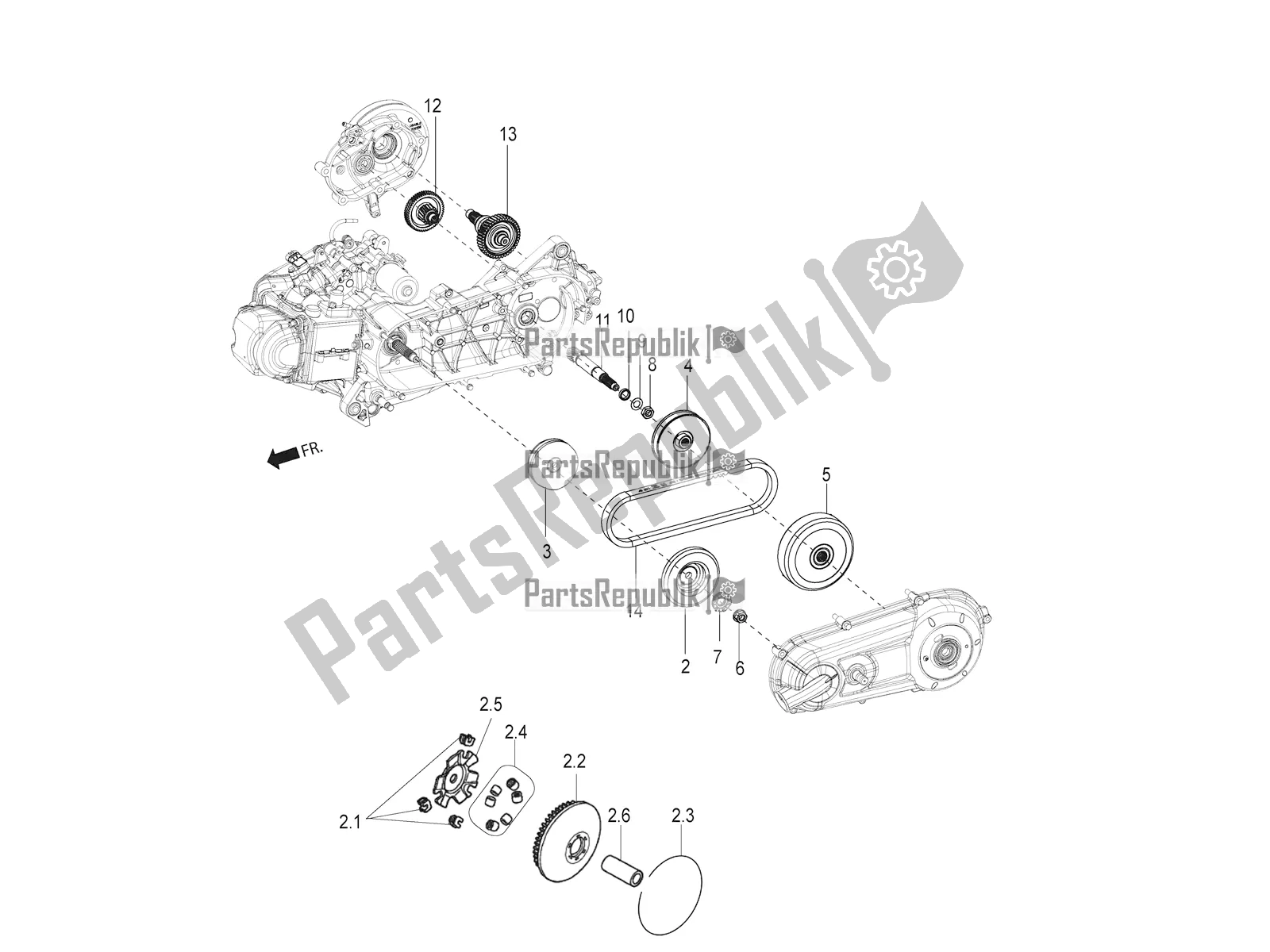 Alle onderdelen voor de Transmissie-koppeling van de Aprilia SR Motard 150 ABS Racer Carb. Latam 2019