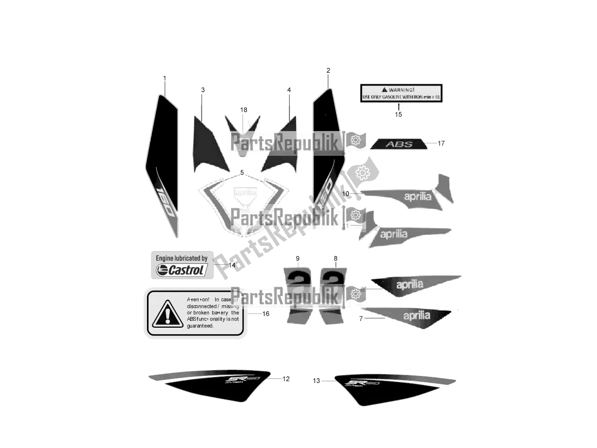 Todas as partes de Placas - Emblemas do Aprilia SR Motard 160 ABS Bsvi CKD Latam 2020