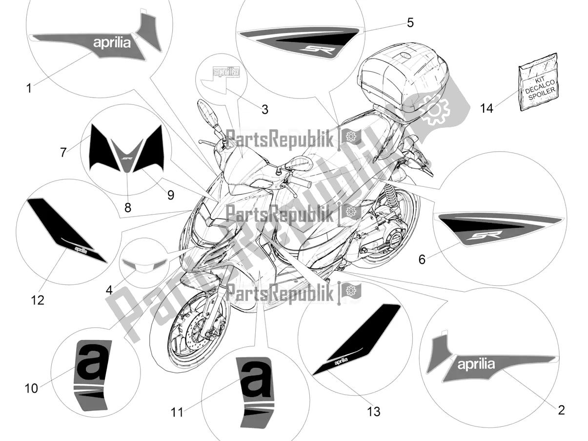 Alle onderdelen voor de Borden - Emblemen van de Aprilia SR Motard 50 2T Metca 41 2019