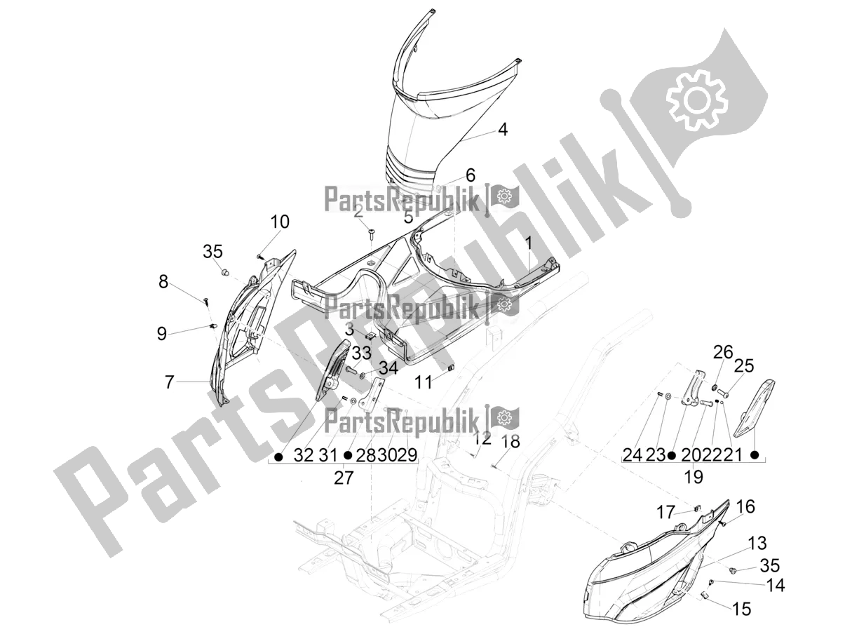 Alle onderdelen voor de Centrale Afdekking - Voetsteunen van de Aprilia SR Motard 50 2T Metca 41 2022