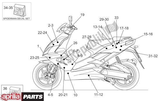 Alle onderdelen voor de Decors van de Aprilia SR R Factory 556 50 2004 - 2007