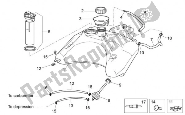 Wszystkie części do Reservoir Essence Aprilia SR R Factory IE E Carburatore 63 50 2010 - 2011