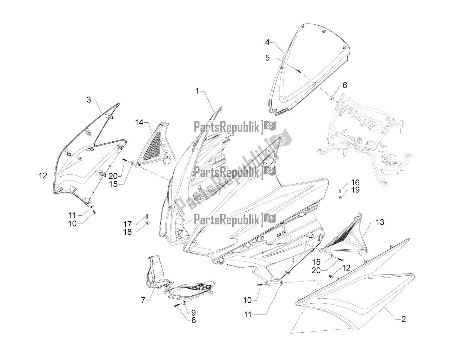 All parts for the Front Shield of the Aprilia SRV 850 2018