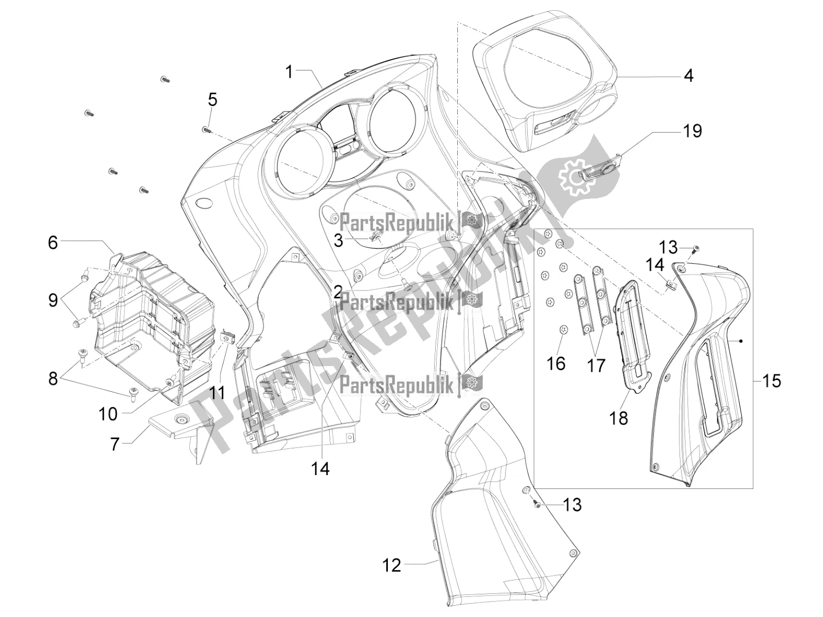 Todas las partes para Guantera Frontal - Panel De Rodilleras de Aprilia SRV 850 2019