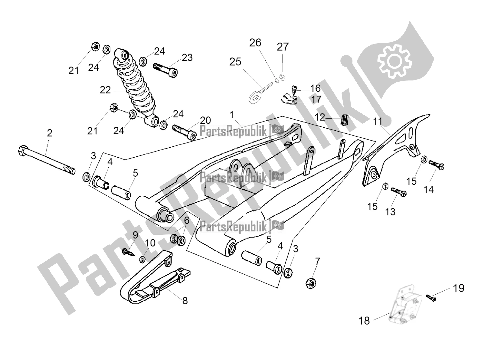 All parts for the Swing Arm of the Aprilia SX 50 Limited Edition 2017