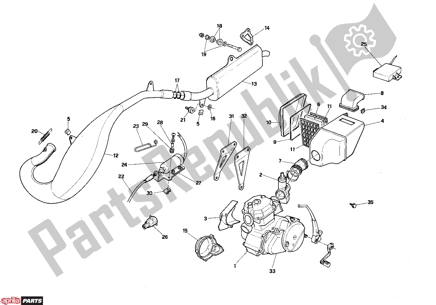 All parts for the Exhaust of the Aprilia Tuareg Rally 105 125 1989 - 1992