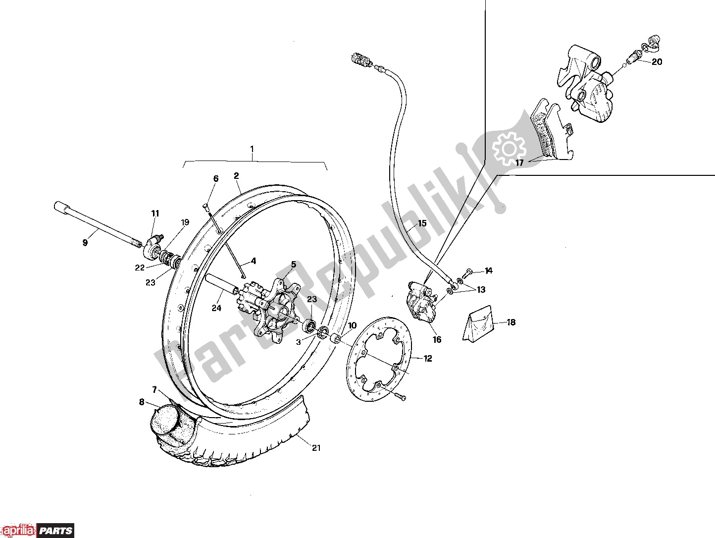 All parts for the Front Wheel of the Aprilia Tuareg Rally 105 125 1989 - 1992