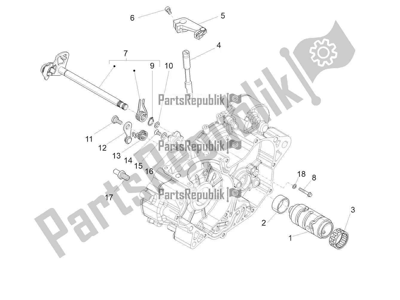 All parts for the Gear Box / Selector / Shift Cam of the Aprilia Tuono 125 2020
