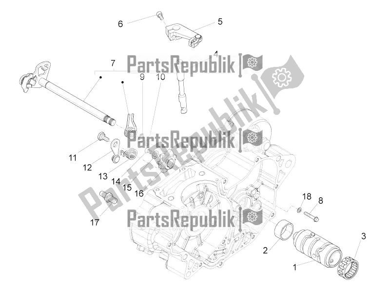 Alle onderdelen voor de Versnellingsbak / Keuzeschakelaar / Schakelnok van de Aprilia Tuono 125 4T 2017