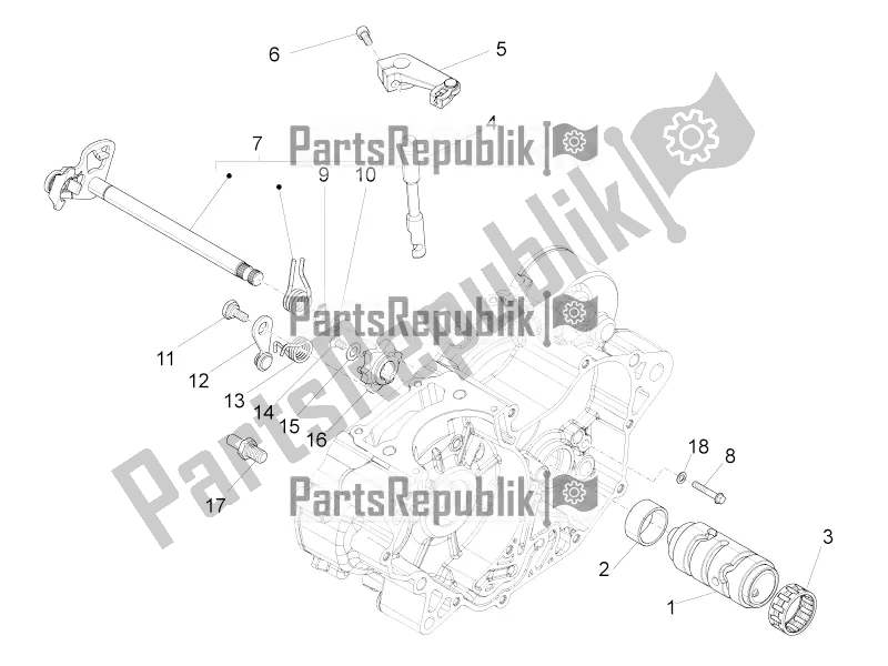 All parts for the Gear Box / Selector / Shift Cam of the Aprilia Tuono 125 4T 2017