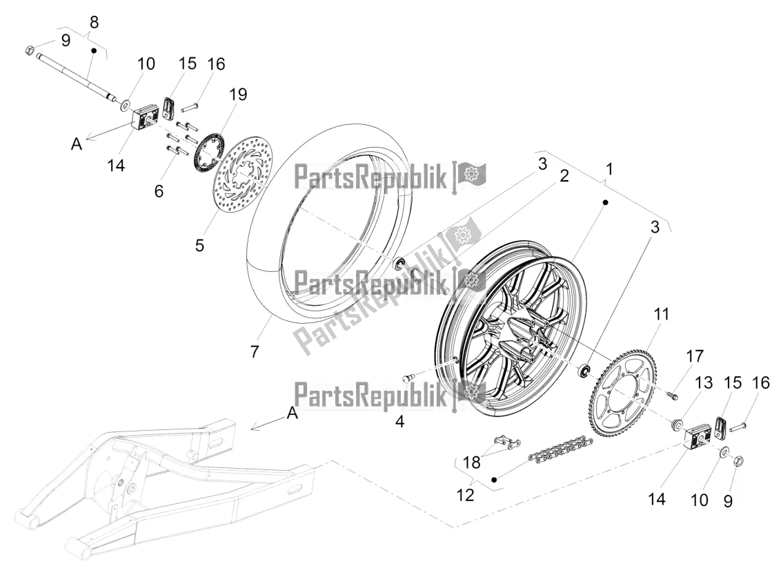 All parts for the Rear Wheel of the Aprilia Tuono 125 4T 2017