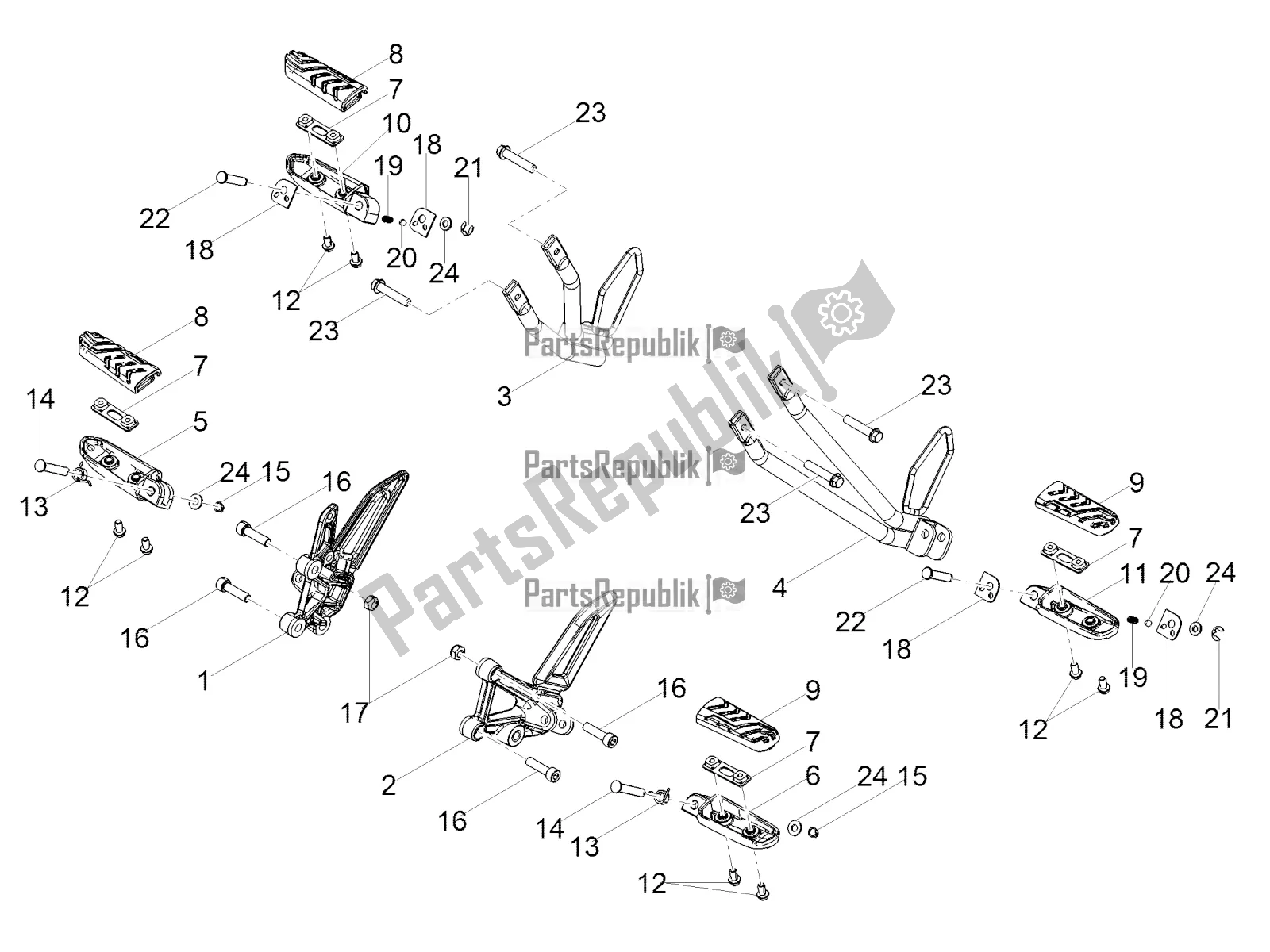 All parts for the Foot Rests of the Aprilia Tuono 125 4T 2018