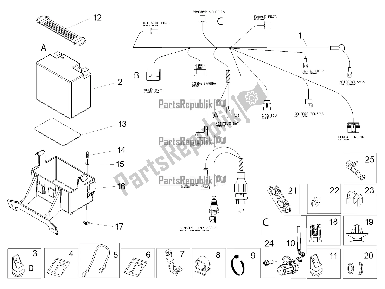 All parts for the Rear Electrical System of the Aprilia Tuono 125 4T 2019