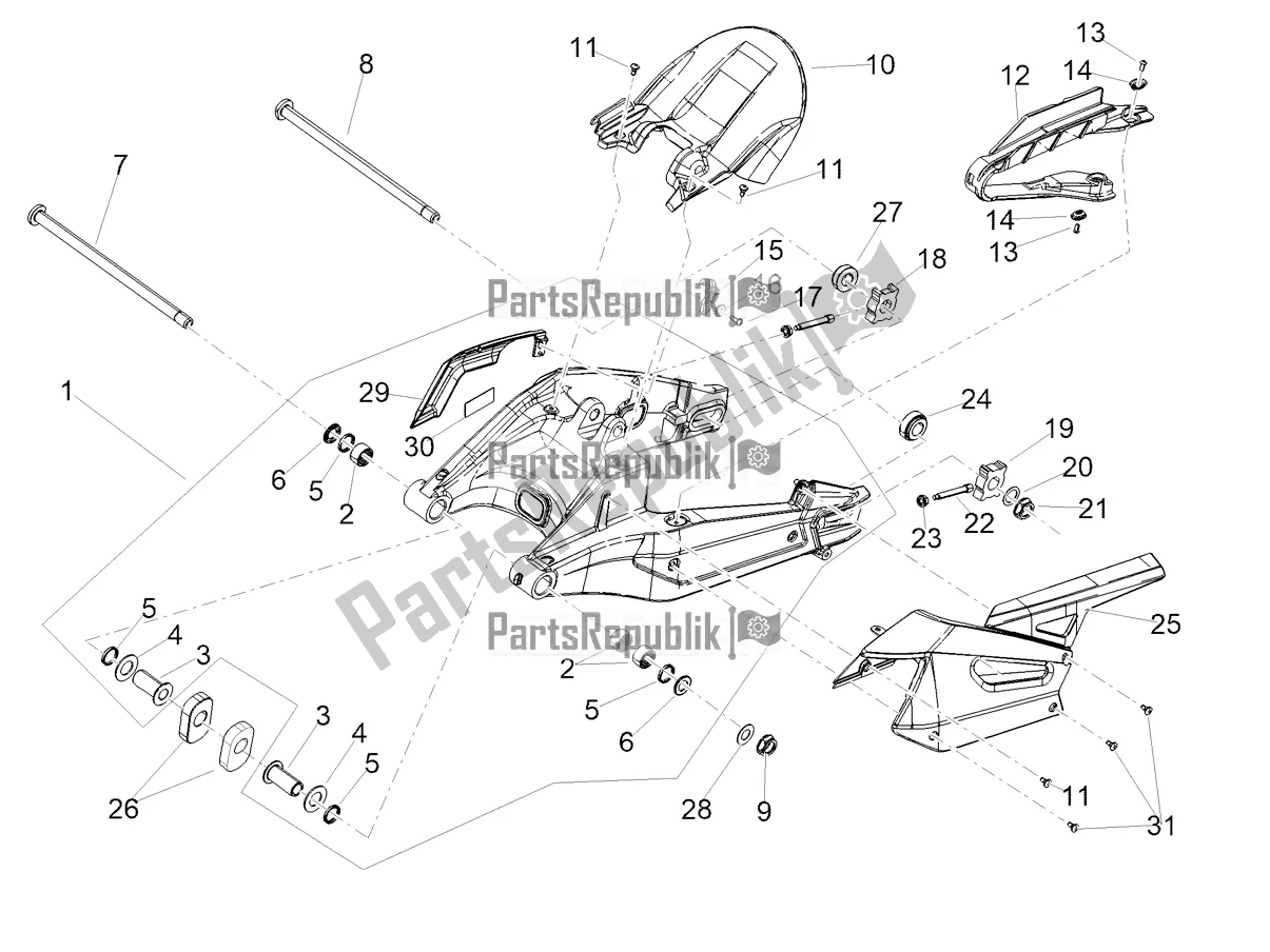 All parts for the Swing Arm of the Aprilia Tuono 660 USA 2021