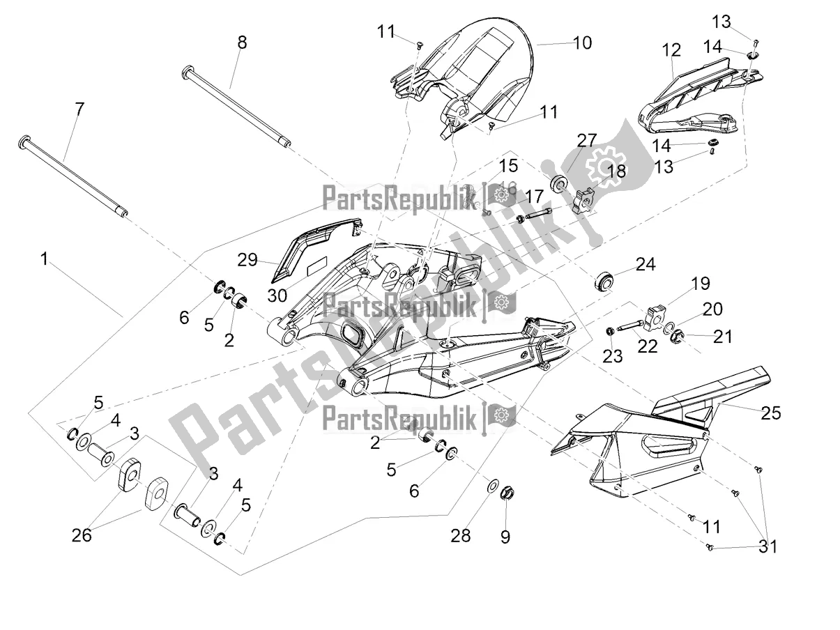 All parts for the Swing Arm of the Aprilia Tuono 660 USA 2022