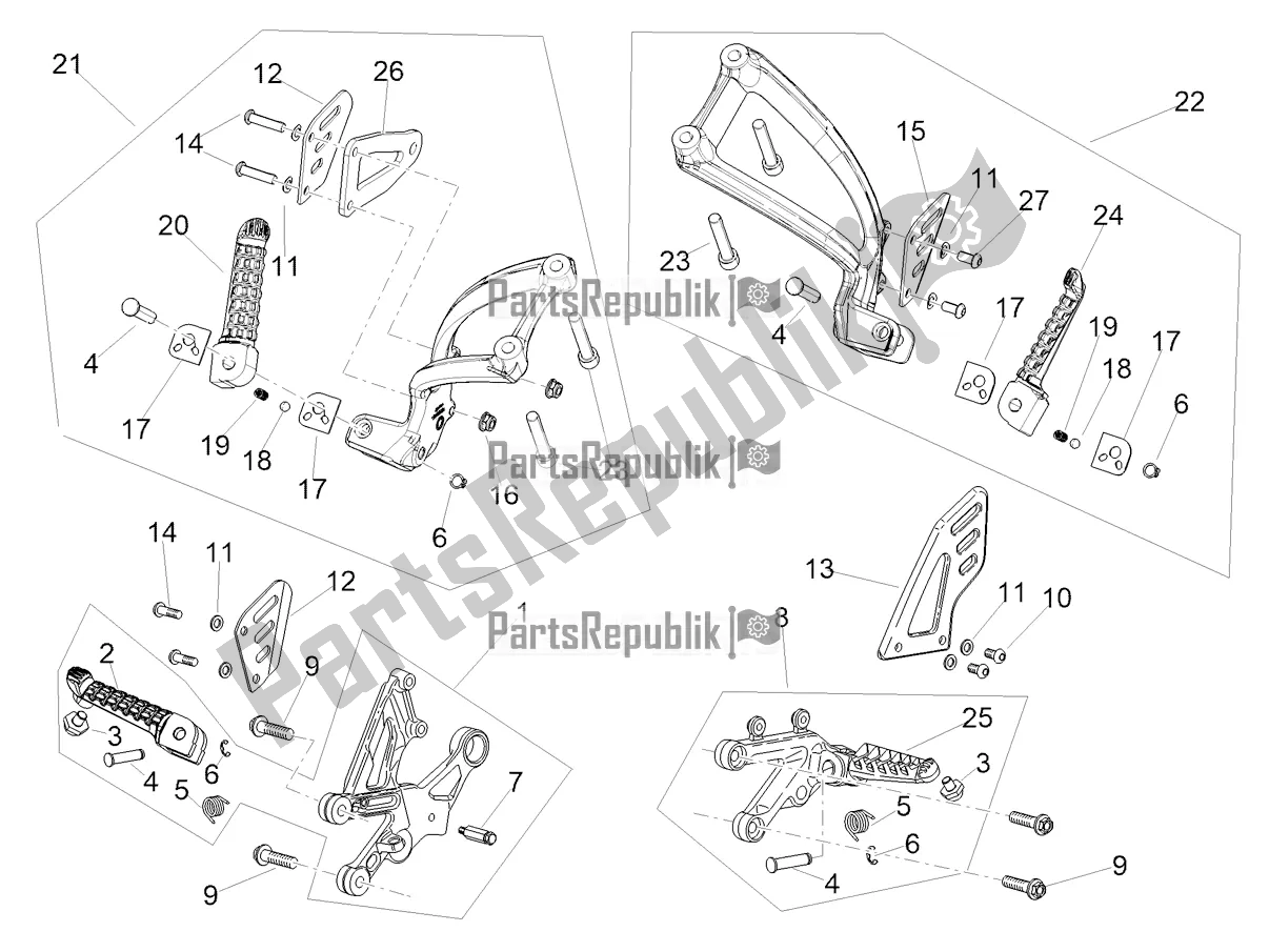 All parts for the Foot Rests of the Aprilia Tuono V4 1100 2022