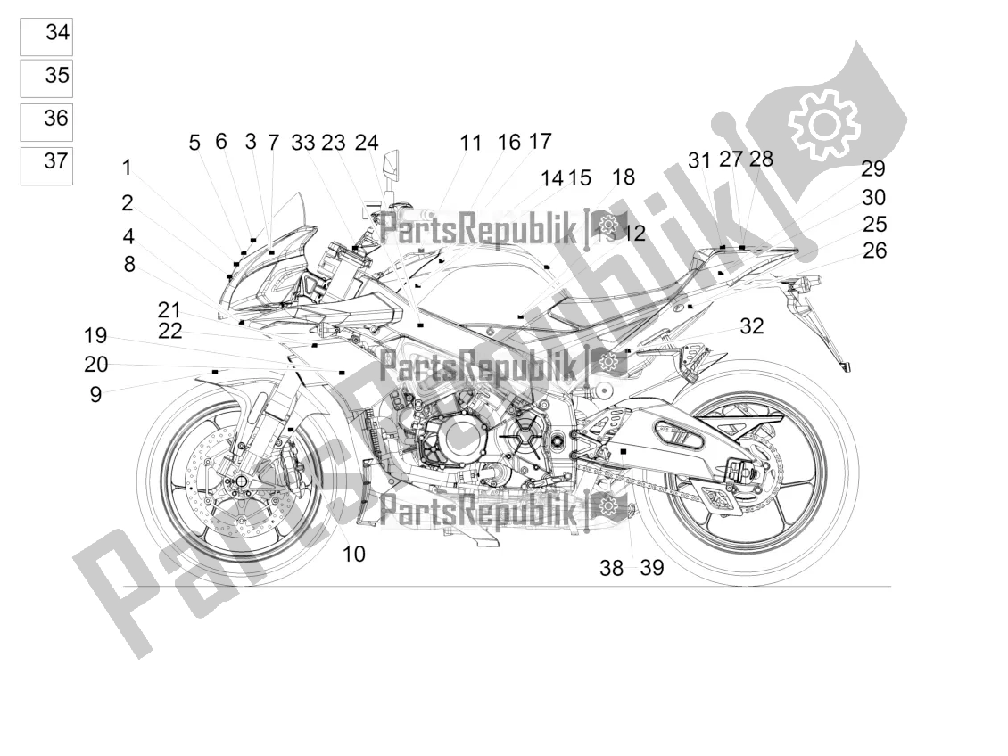 Todas as partes de Conjunto De Placas E Decalque do Aprilia Tuono V4 1100 Factory USA, Canada 2016