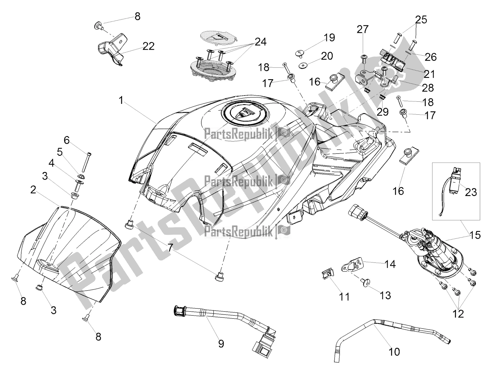 Alle onderdelen voor de Benzinetank van de Aprilia Tuono V4 1100 Factory USA, Canada 2017