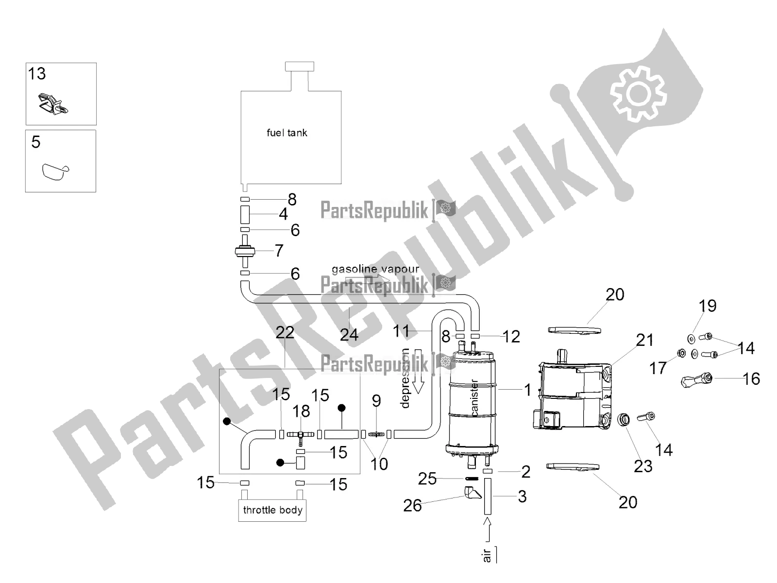 All parts for the Fuel Vapour Recover System of the Aprilia Tuono V4 1100 Factory USA, Canada 2017