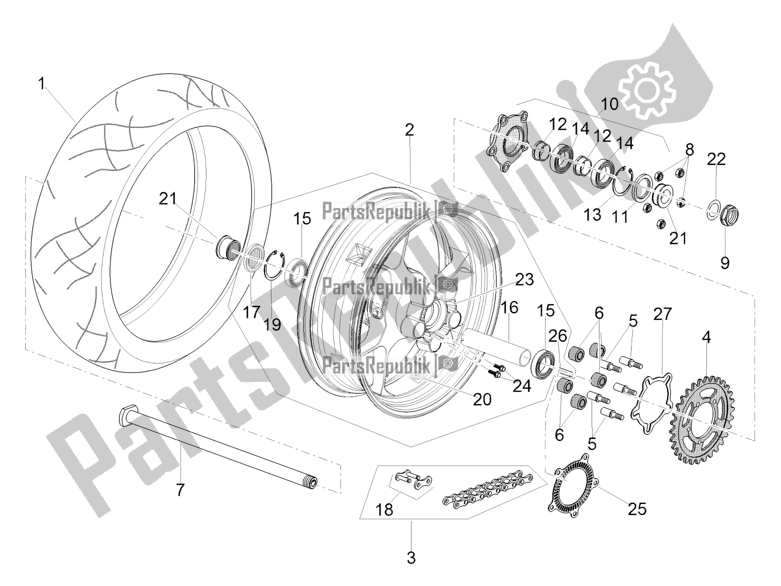 All parts for the Rear Wheel of the Aprilia Tuono V4 1100 Factory USA, Canada 2017