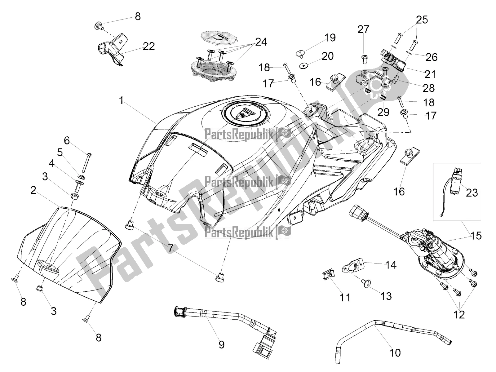 All parts for the Fuel Tank of the Aprilia Tuono V4 1100 RF 2018