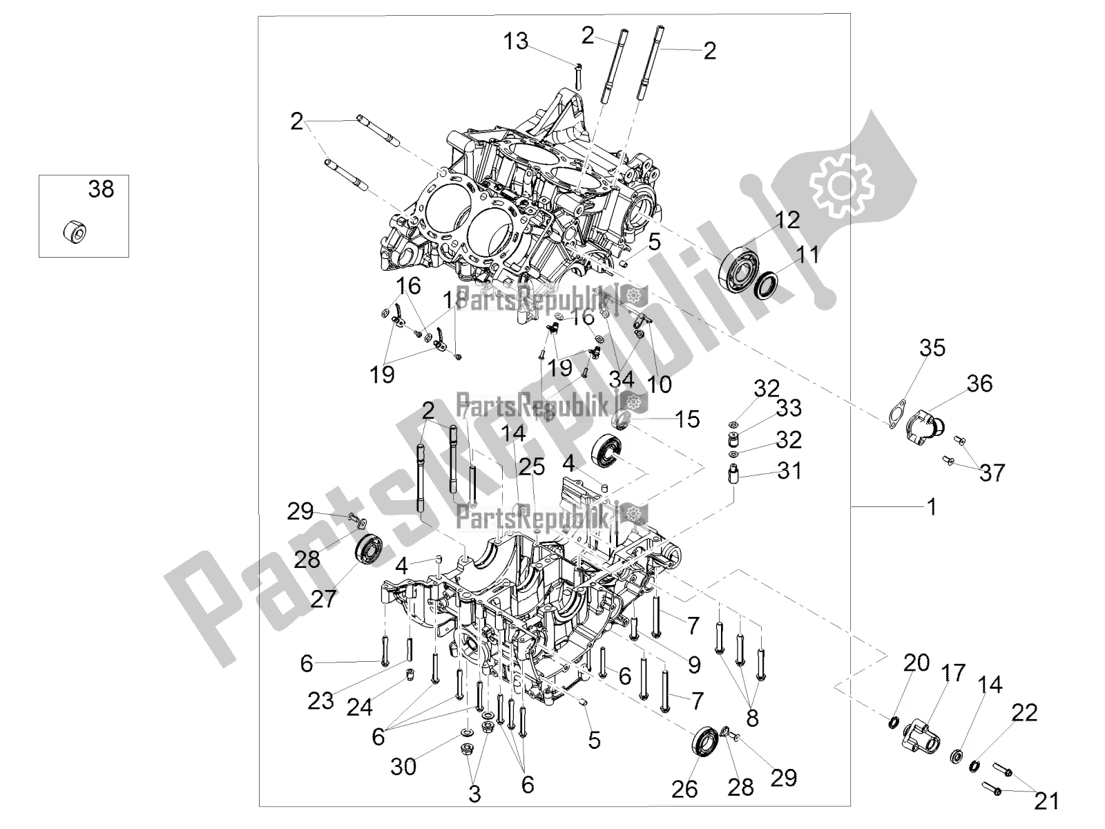 Todas as partes de Crank-case I do Aprilia Tuono V4 1100 RF USA, Canada 2018