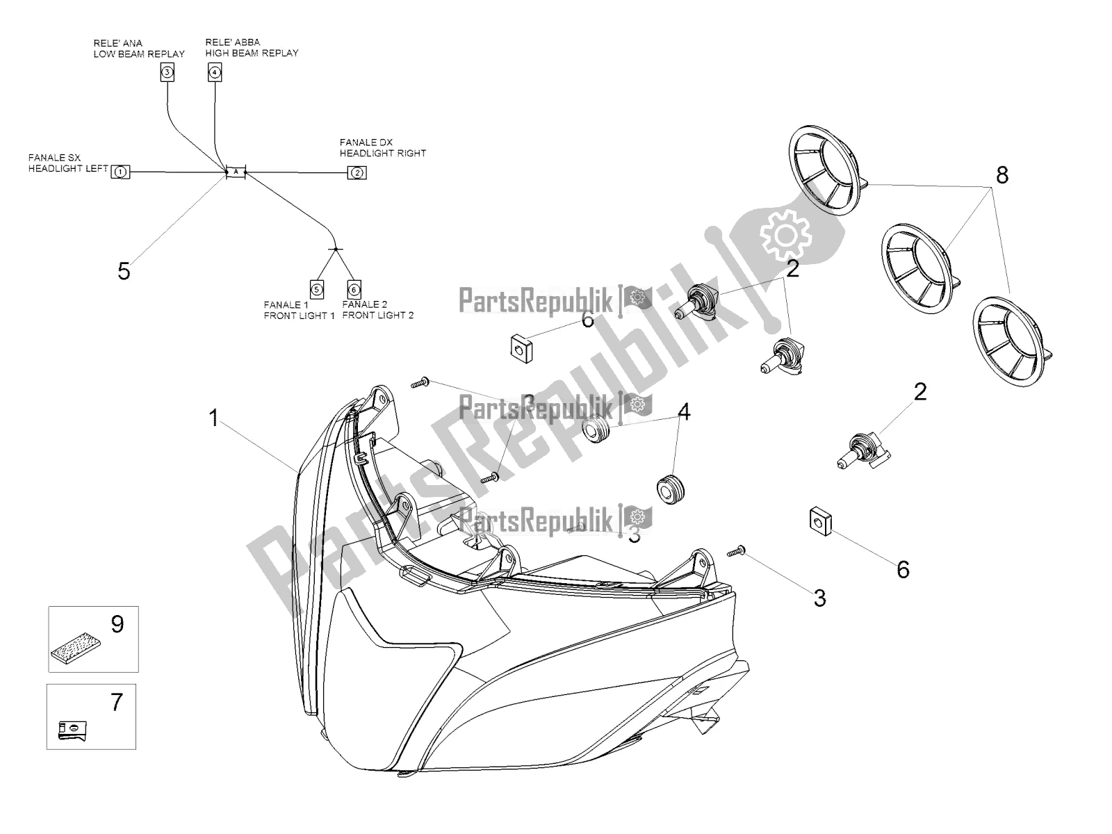 Alle Teile für das Scheinwerfer des Aprilia Tuono V4 1100 RF USA, Canada 2018