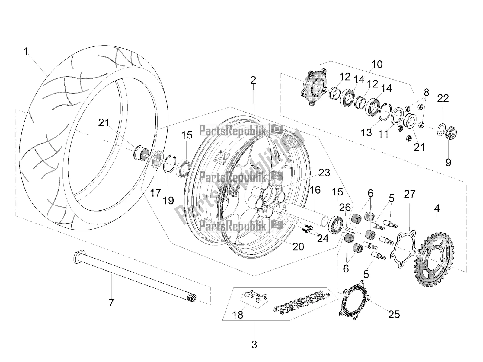 Toutes les pièces pour le Roue Arrière du Aprilia Tuono V4 1100 RF USA, Canada 2018