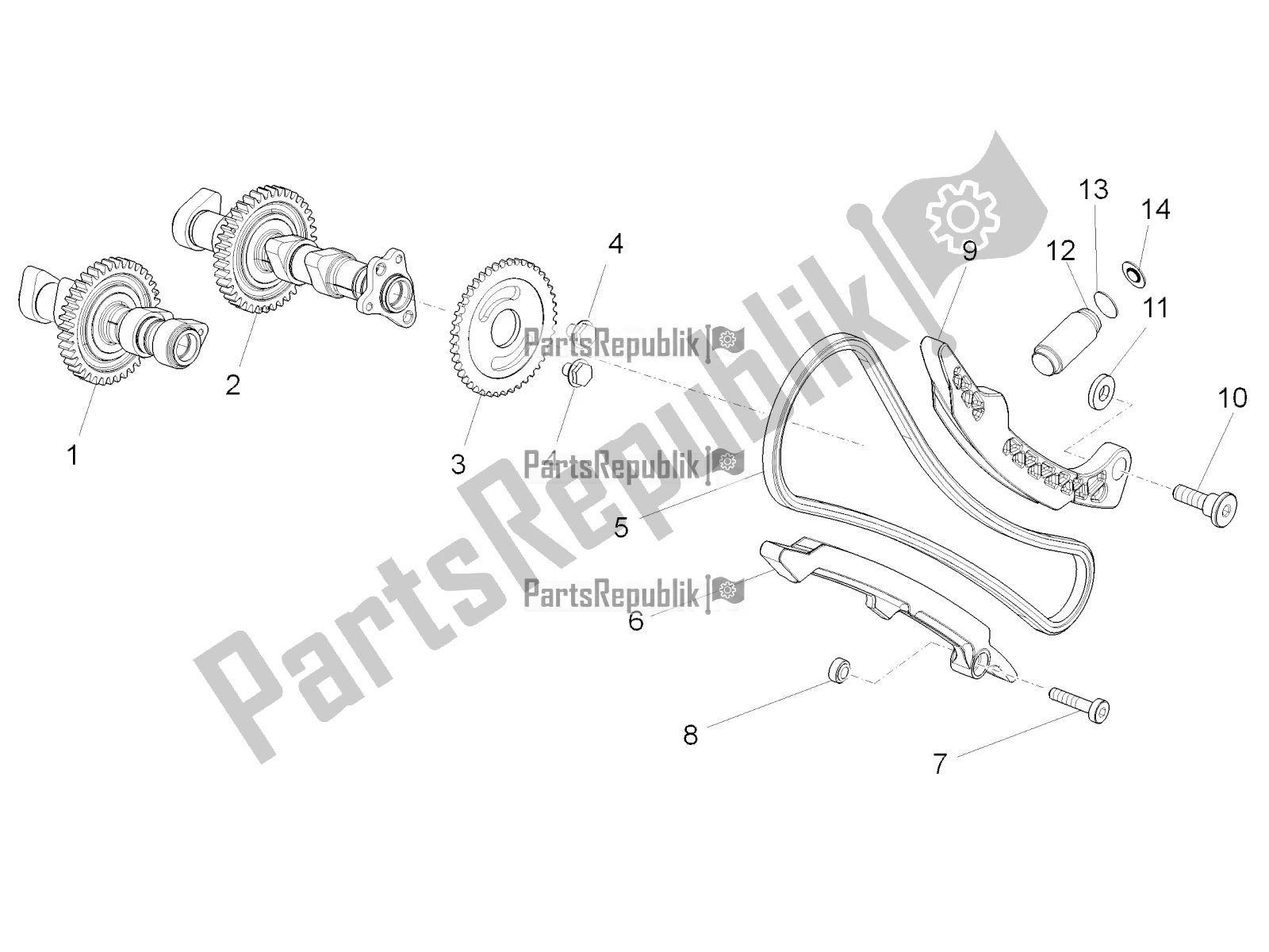 Alle onderdelen voor de Voorste Cilinder Timing Systeem van de Aprilia Tuono V4 1100 RR USA 2019