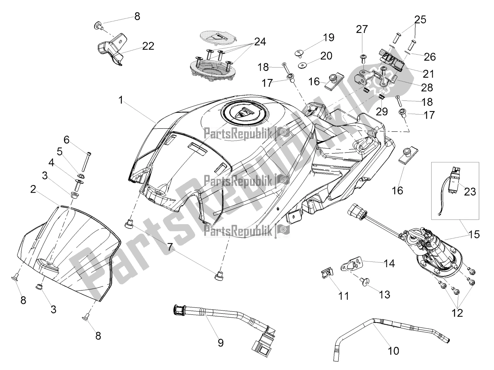 All parts for the Fuel Tank of the Aprilia Tuono V4 1100 RR USA 2019