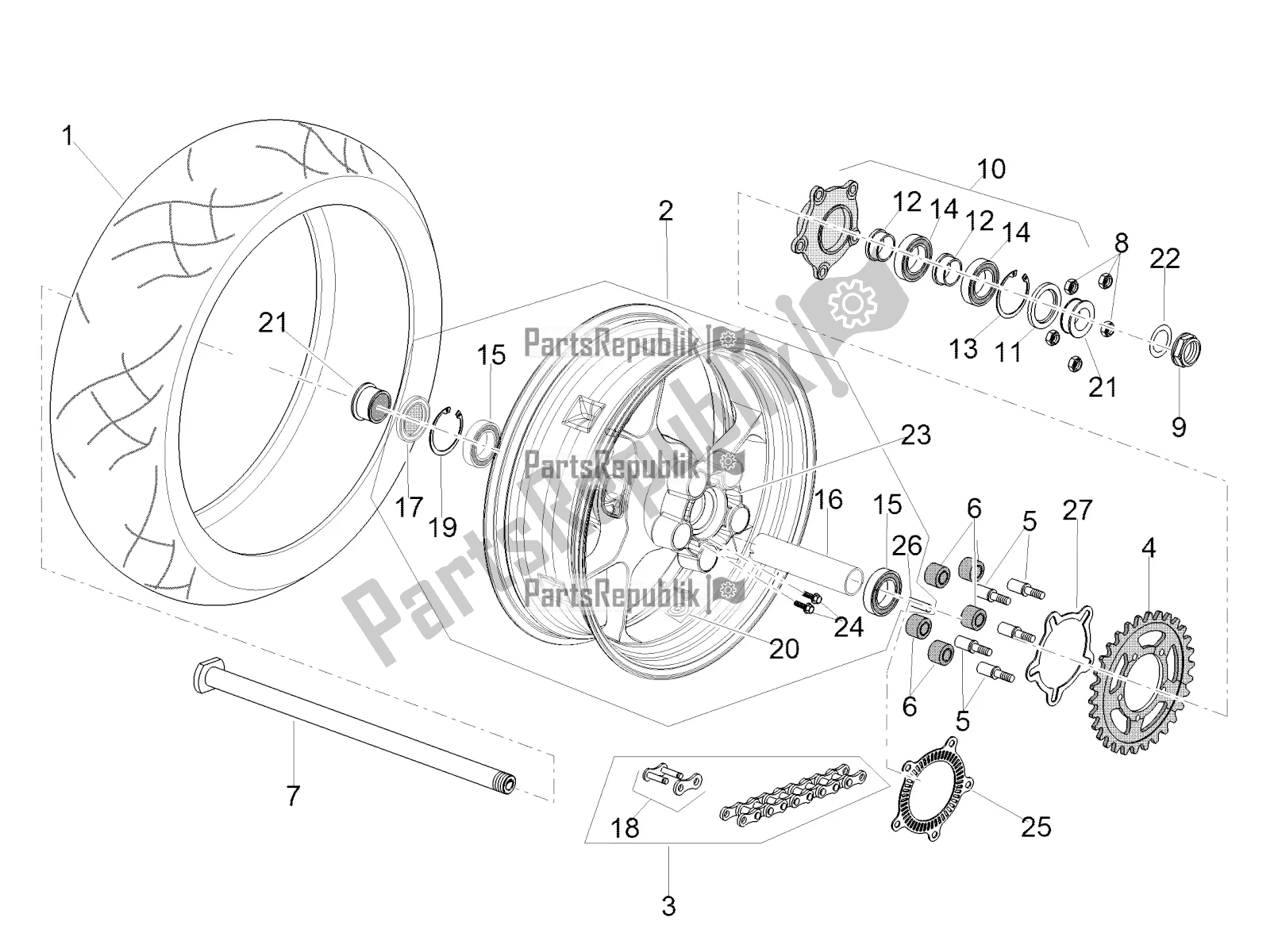 Toutes les pièces pour le Roue Arrière du Aprilia Tuono V4 1100 RR USA 2019