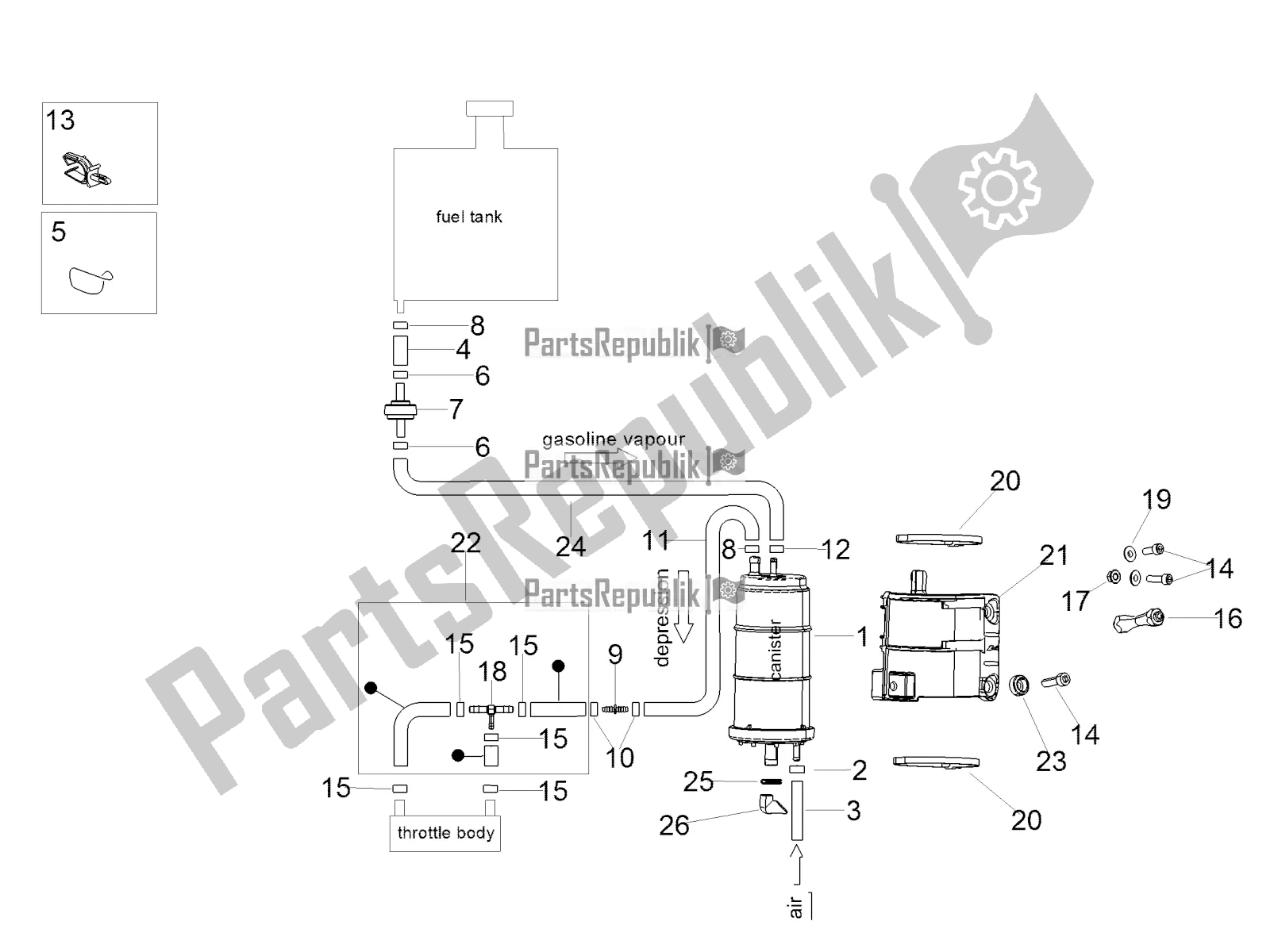 All parts for the Fuel Vapour Recover System of the Aprilia Tuono V4 1100 RR ZD4 KG 2017