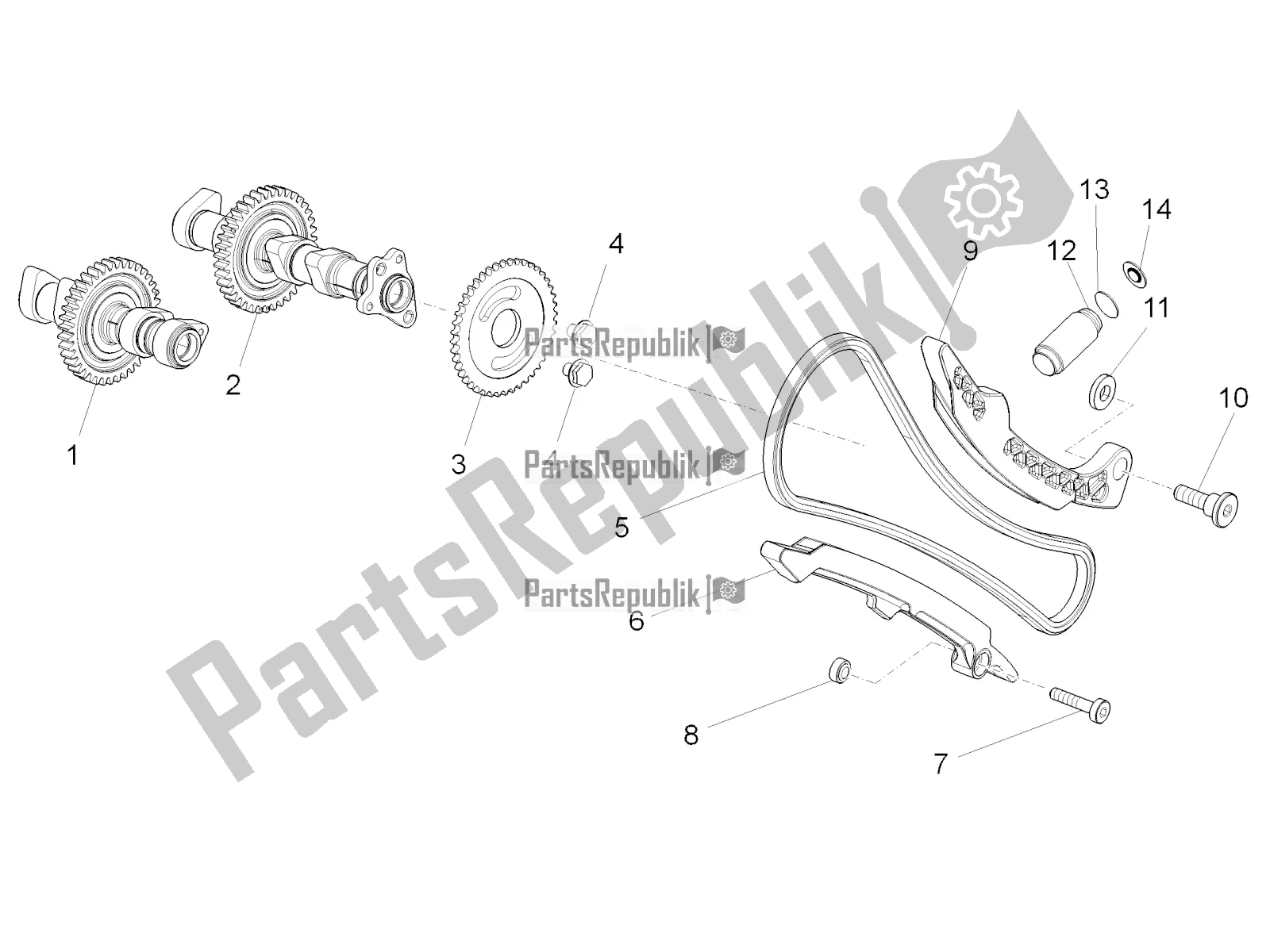 Alle onderdelen voor de Voorste Cilinder Timing Systeem van de Aprilia Tuono V4 1100 RR ZD4 KG 2018