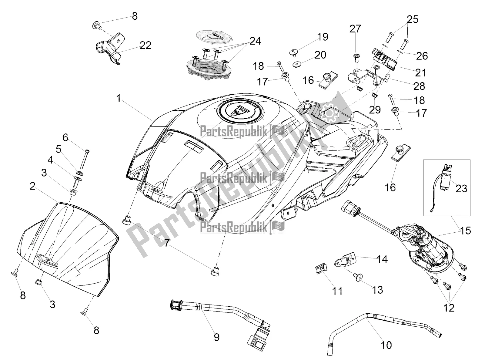 All parts for the Fuel Tank of the Aprilia Tuono V4 1100 RR ZD4 KG 2018