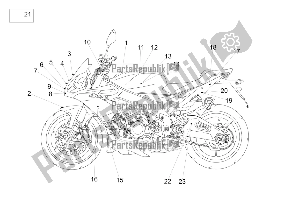 All parts for the Plate Set And Decal of the Aprilia Tuono V4 1100 RR ZD4 KG 2018